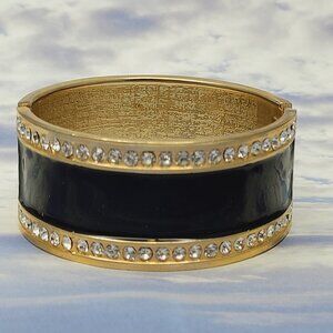 Black Enamel and Gold Tone Hinged Crystal Bracelet